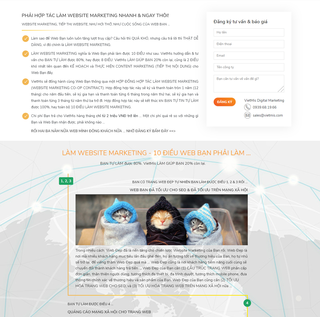Landing page của dịch vụ website marketing của VietMis