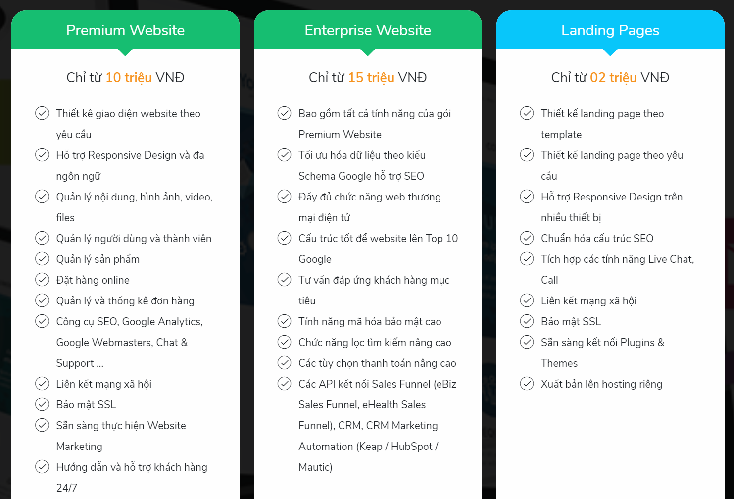 3 gói thiết kế website của VietMis
